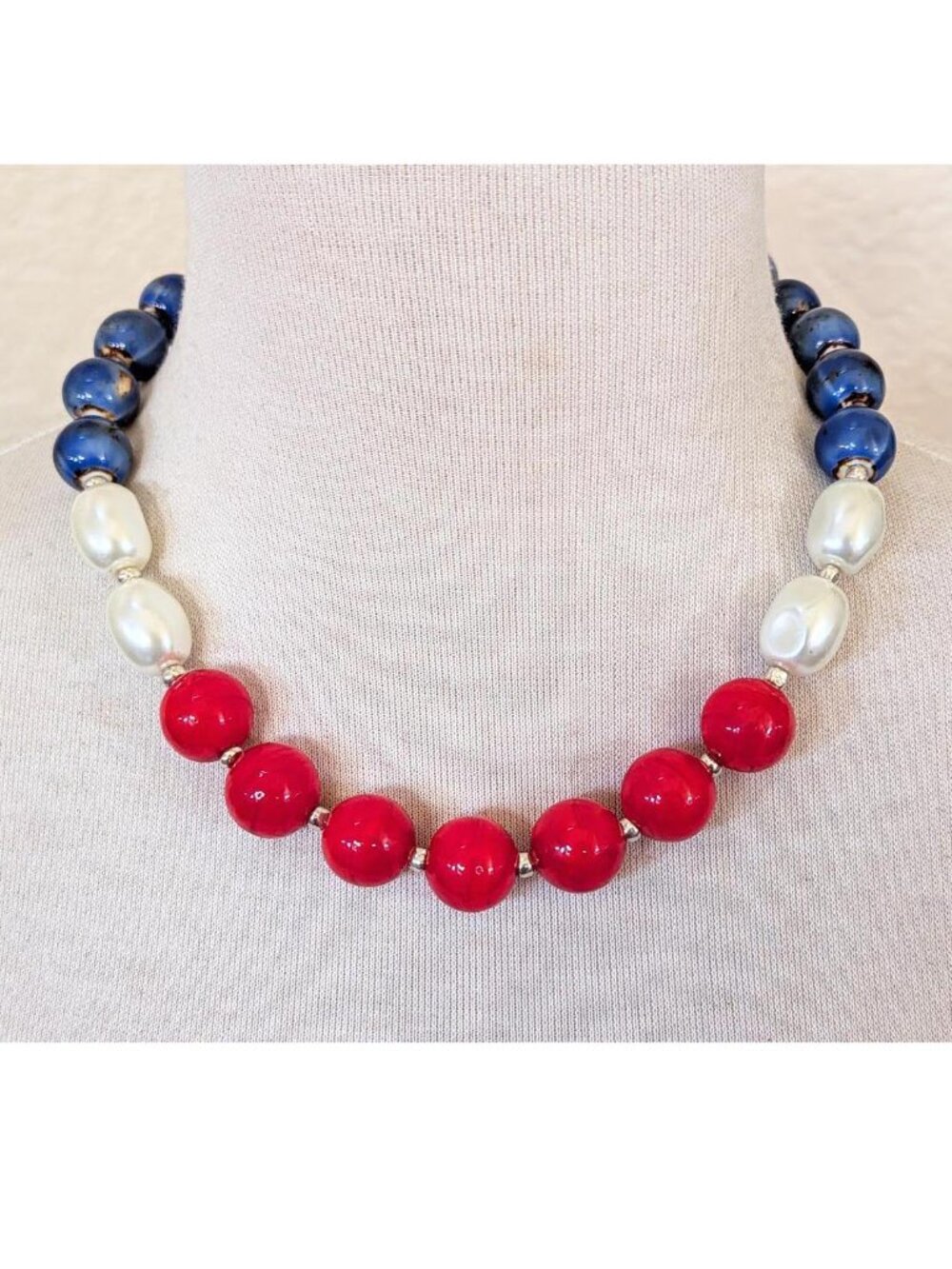 Red, White & Blue Glass Pearl and Ceramic Beaded Statement Strand Necklace